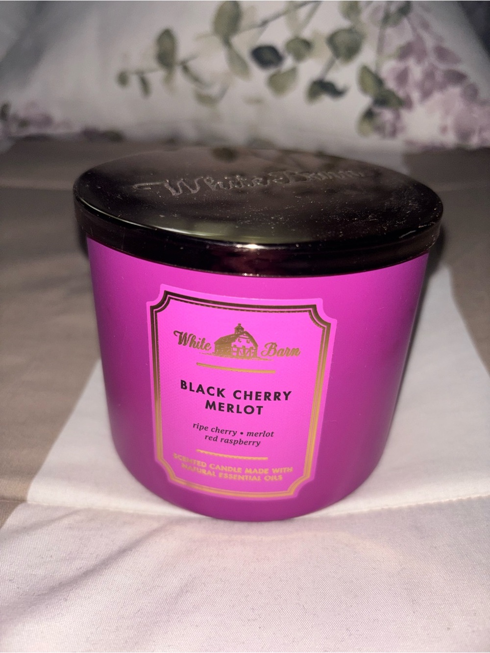 White Barn Black Cherry Merlot Candle - Vibrant Magenta and Gold Accents
